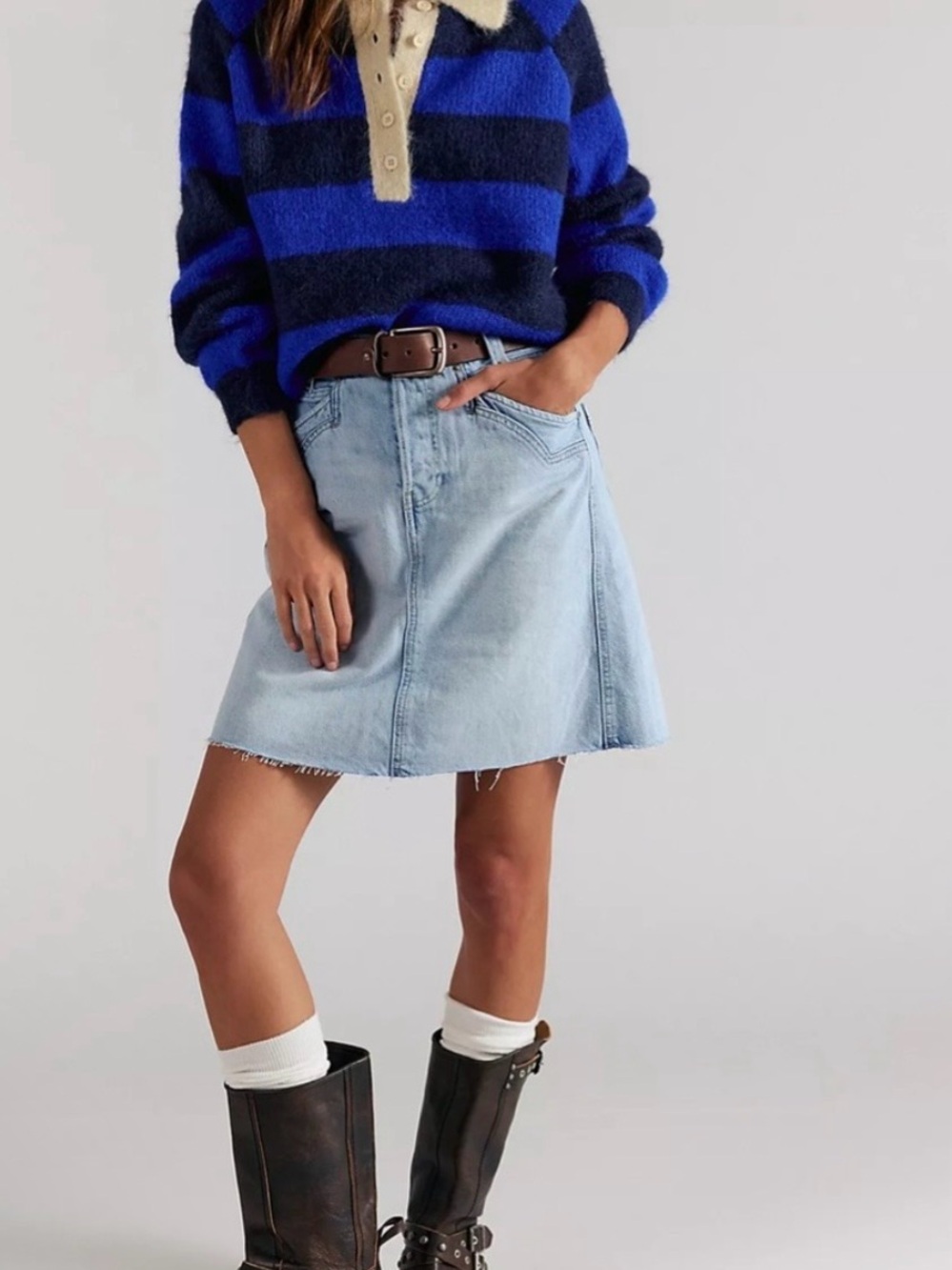 We The Free Light Blue Denim A-Line Skirt